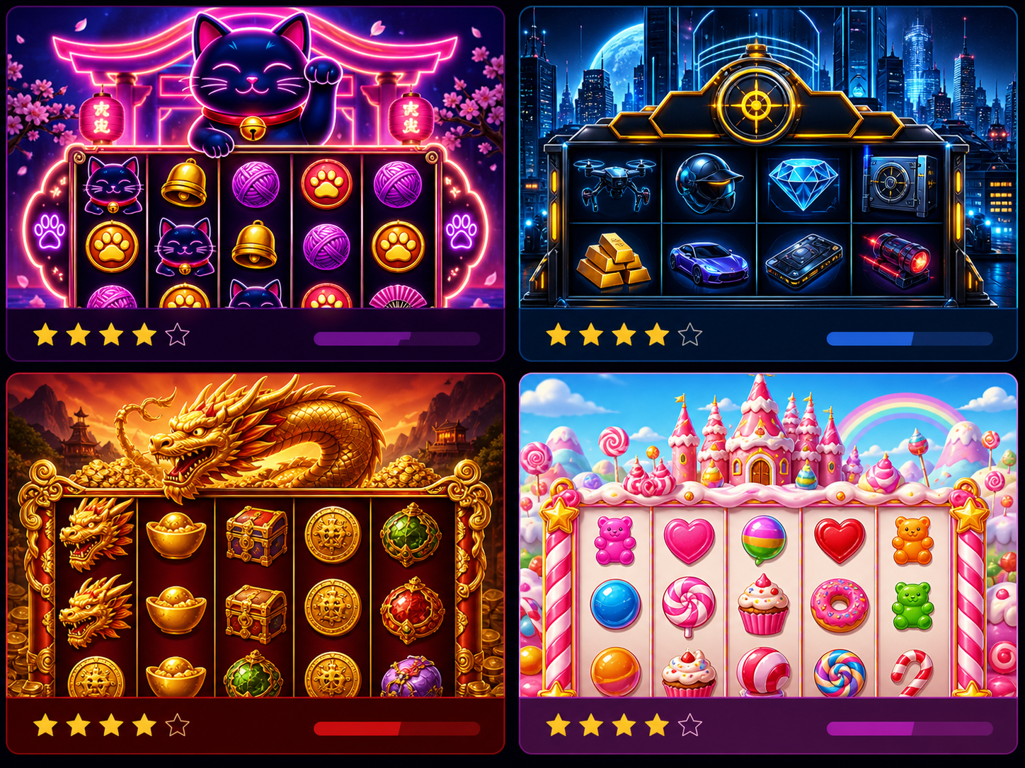 Collage of social casino demo slot covers